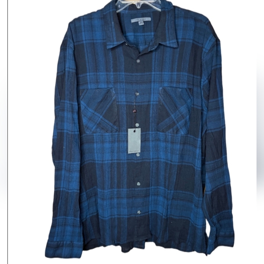 John Varvatos Navy and Black Plaid Shirt SizXXL Nwt